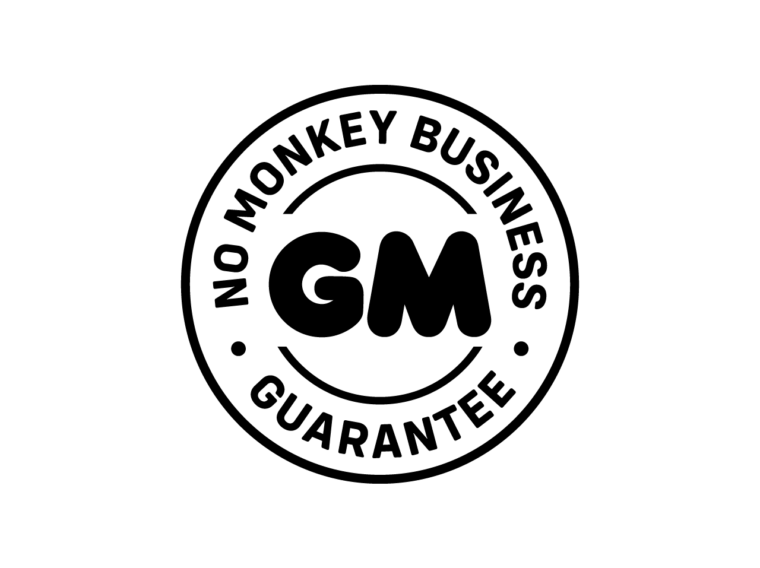 Grease Monkey logo with text saying "No Monkey Business Guarantee" with GM initials in the middle.