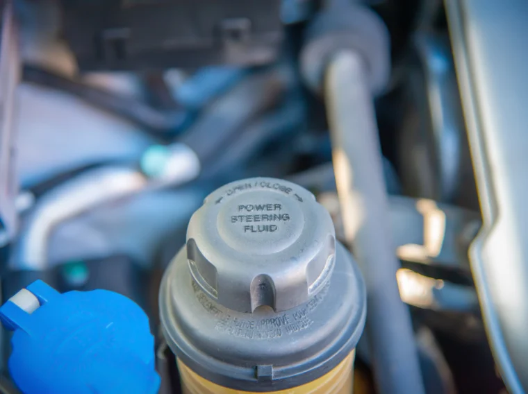 Close up of a vehicle's power steering fluid tank.